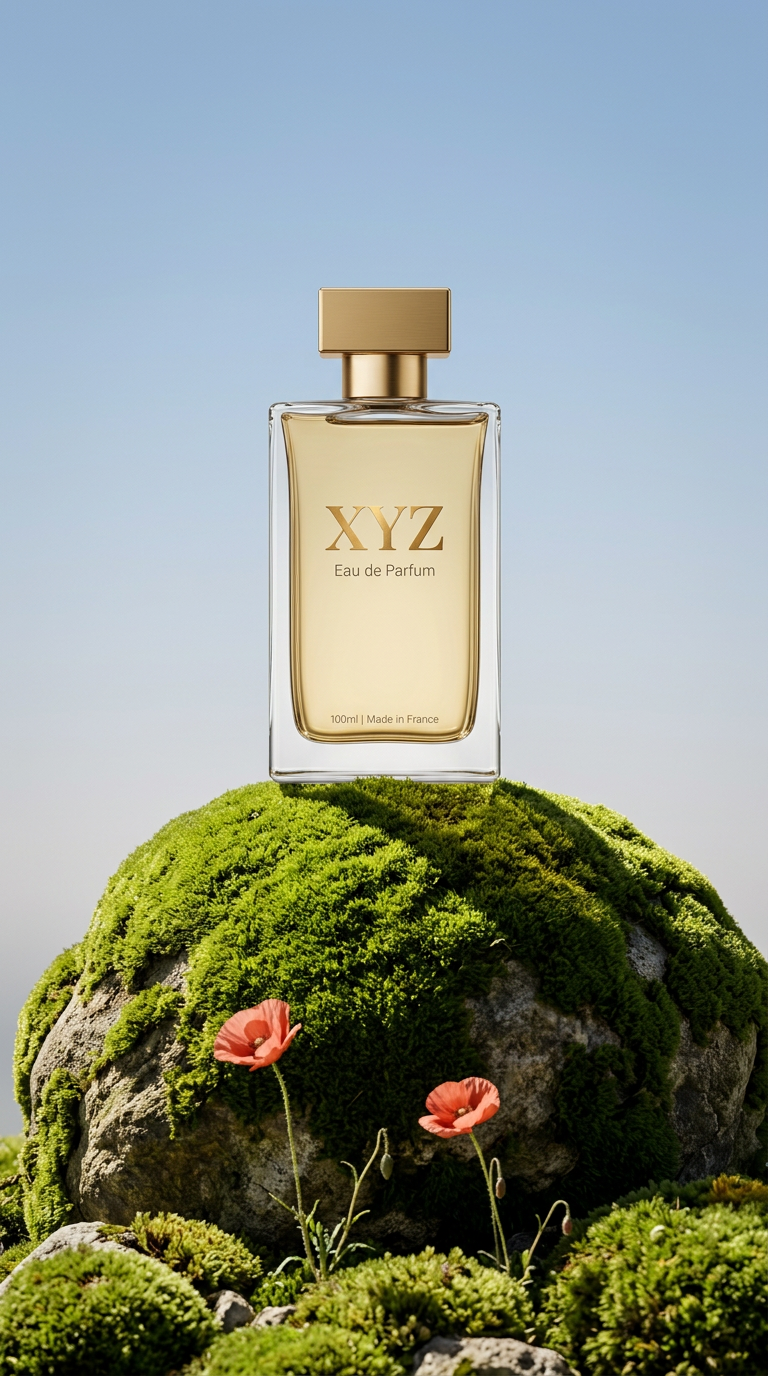 XYZ perfume in a botanical product scene generated with Kazevis